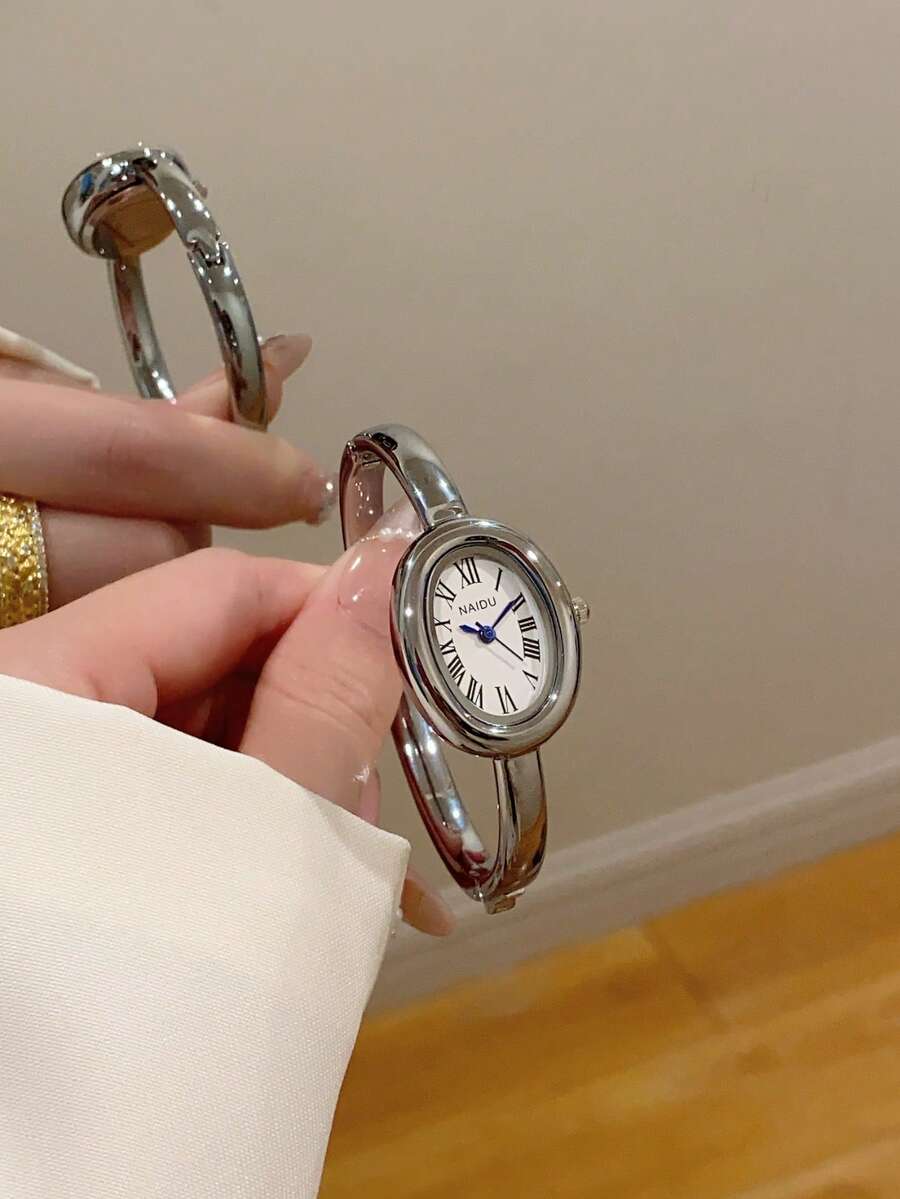 1pc Vintage Luxury Gold/Silver Color Petite Women Bracelet Watch, Fashionable Minimalist Elegant Quartz Watch, Suitable For Daily Wear, Birthday Gift - 銀色 - 查看 1