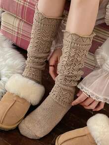 1双镂空过膝长袜，保暖多层长袜，甜美百搭白色袜子，秋冬季舒适袜子