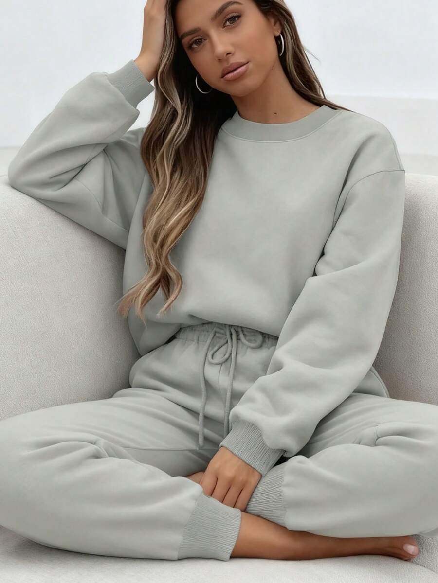 Women's Autumn And Winter Simple Solid Color Loose Pullover Sweatshirt + Solid Color Elastic Waist Cuff Trousers Casual Fashion Temperament Commuting Versatile Two-Piece Suit, Personalized Niche Design, Casual And Comfortable - Xám - Xem 1
