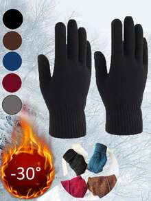 2 Pairs Men's Winter Warm Fleece Knitted Gloves, Black Full Finger Knitted Gloves, Thick Warm Outdoor Cycling Gloves, Unisex - Multicolor - View 1