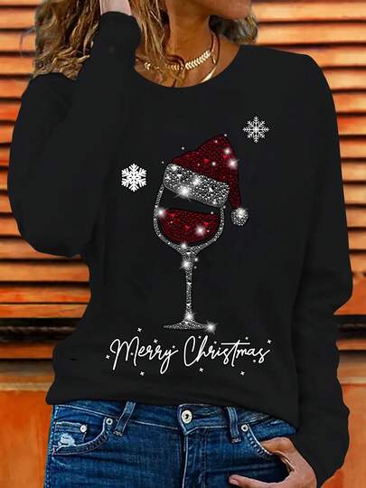 Weihnachtsmütze & Weinglas Schneeflocken Design lässiges Party Loose Cute Elegant Rundhals Langarm Top