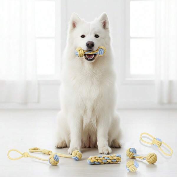 Conjunto de 7 peças de cordas de mastigação para cães amarelos brilhantes – nós trançados de alta visibilidade para cães de pequeno a médio porte, cor otimizada para visão canina, brinquedos duráveis para puxar e dentição para filhotes