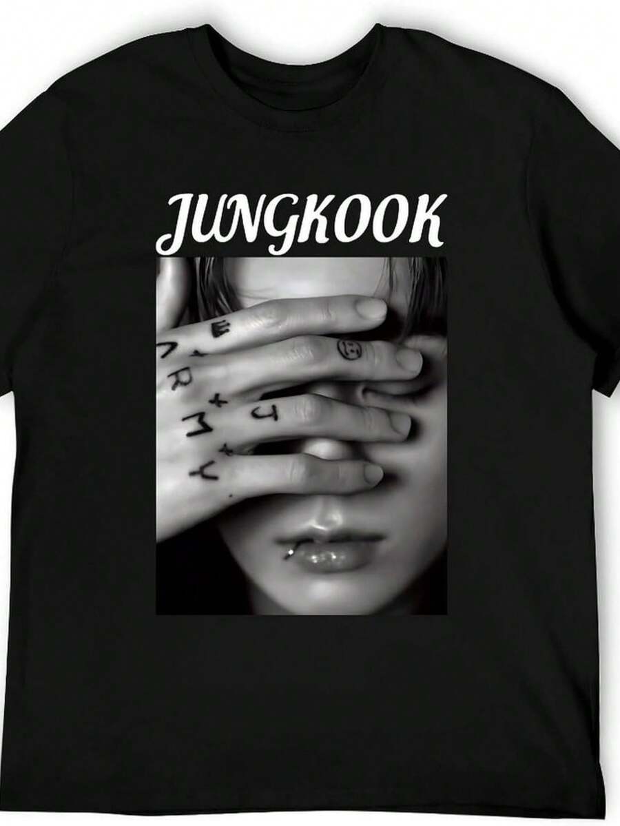 Jungkooks Shirts Round Neck Mens Women Casual T Shirts Loose Fit Graphic Tee Top - Đen 5 - Xem 1