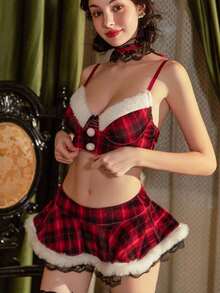 四件套：上衣一件 + 半裙一件 + 发饰一件 + 手套两副 + 项链一条，性感圣诞服装，夜店舞台装，韩版风格，适合万圣节、新年等场合，女主播表演内衣套装 - 紅色 - 查看 7