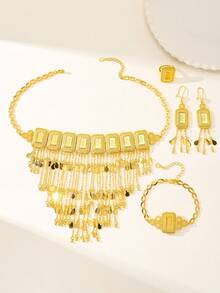 5-Piece Set: Elegant Rose Design Jewelry Set Including Necklace, Bracelet, Earrings, Ring. 24K Gold Plated Copper Meteor Shower V-Shaped Tassel Necklace, Gift For Mother's Day, Valentine's Day, Women