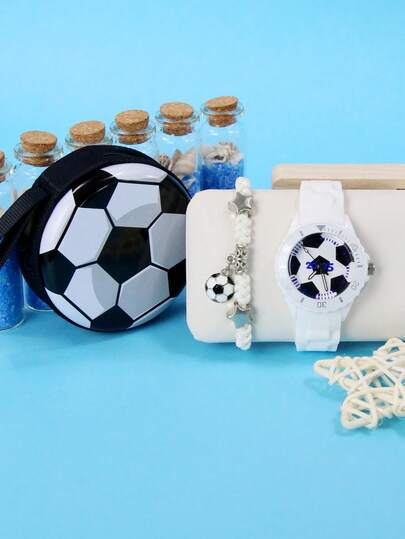 3件套男童足球石英表套装，配有柔软硅胶表带，2025足球设计手表+可调节编织绳手链+迷你金属零钱包（可装耳机和硬币），适合3-14岁男孩的生日、圣诞节、返校礼物，白色1