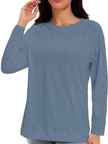 Luueen Women's Fall Basic Long Sleeve Shirts Casual Loose Fit Stylish Fashion Tops - Màu xanh mờ - Xem 7