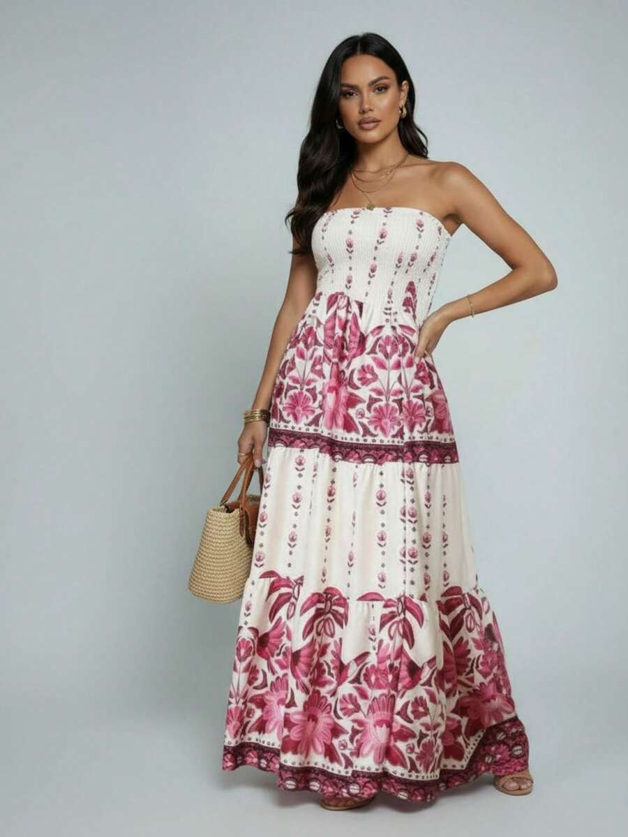 Women's Strapless Tropical Print Dress - Hồng - Xem 1