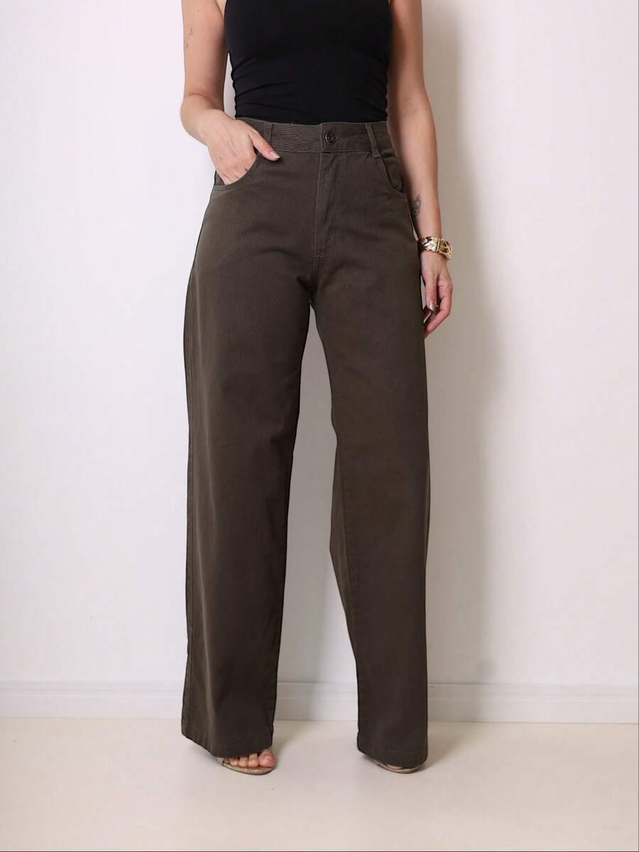 Women's Wide Leg Jeans, High Waist, Butt Lifting, 2025 - 軍綠色 - 查看 1