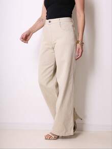 Women's Wide Leg Jeans, High Waist, Butt Lifting, 2025 - 杏色 - 查看 2