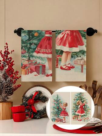 2pcs/4pcs/12pcs Christmas Girl Pattern Kitchen Towels, Christmas Pattern Bathroom Towels, Christmas Outdoor Party Towels, Christmas Home Decor, Christmas Kitchen Decor, Modern Style, Quick Drying, Super Soft Microfiber Material, Rectangular, 15.75IN*23.62IN/40*60CM Digital Printing Pattern, Suitable For Outdoor Party Decoration, Christmas Holiday Gifts