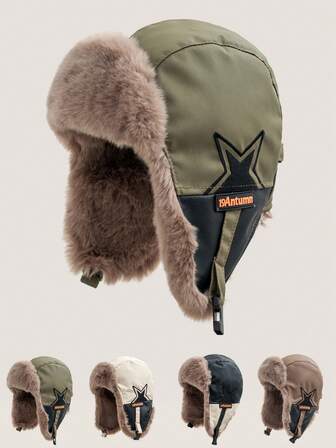 1 件皮革五角星和字母装饰保暖加厚护耳帽，男女通用冬季防风滑雪帽，飞行员帽