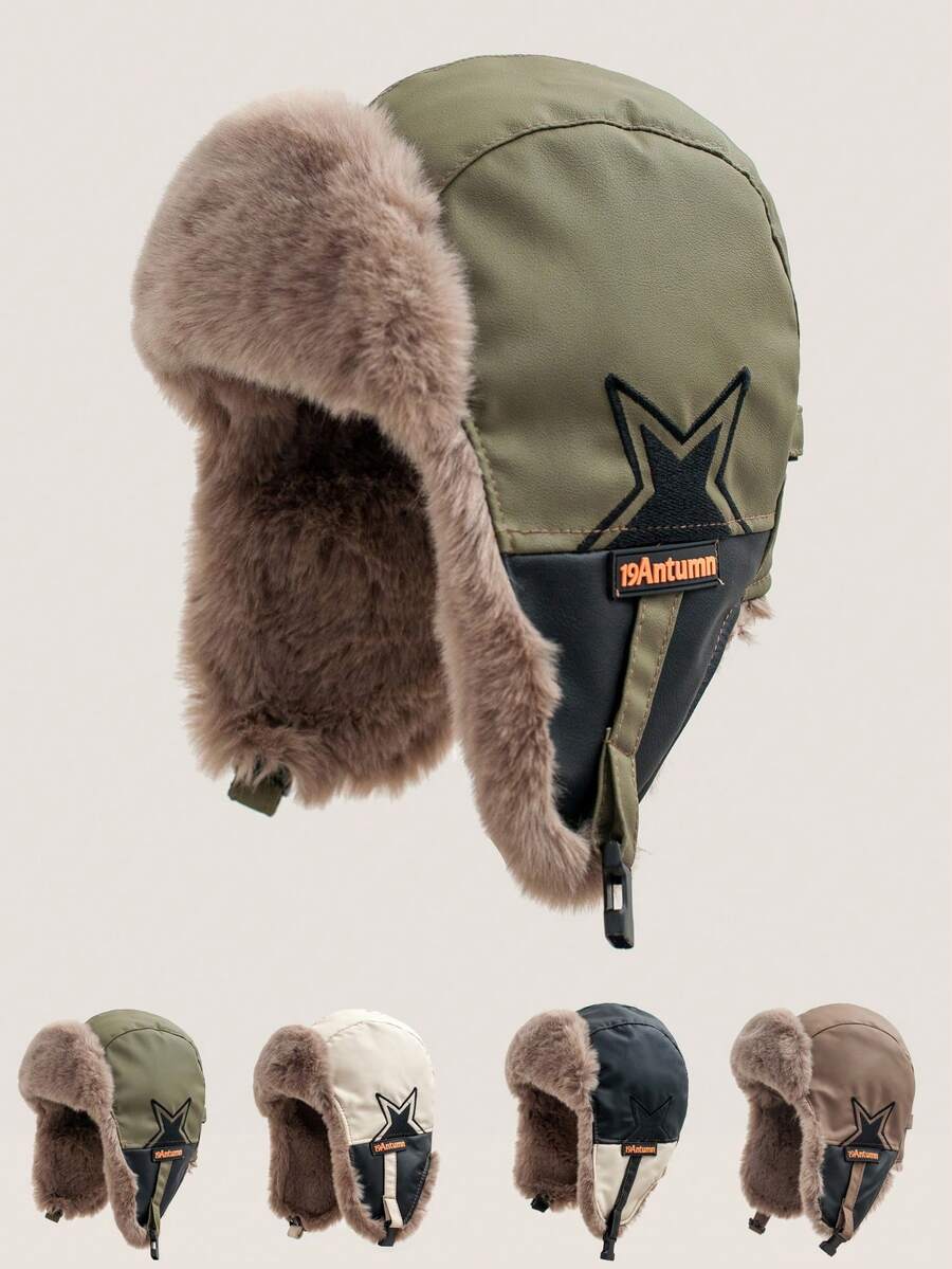 1 pezzo Cappello con paraorecchie in pelle con decorazione a pentagramma e lettera, cappello invernale antivento e caldo adatto per lo sci, unisex, berretto da pilota - Berretto Lei Feng - Visualizzare 1