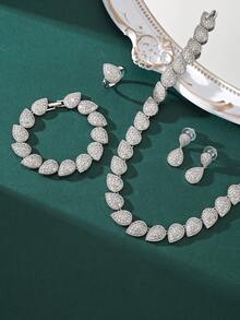4件套时尚流苏吊坠黄铜方晶锆石银项链、耳环、手链、戒指首饰套装。奢华项链首饰套装。适合女士晚会、派对、婚礼、情人节礼物。 - 銀色 - 查看 3