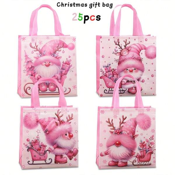 25pcs Pink Non-Woven Christmas Gift Bags, Shopping Bags, Tote Bags, Christmas Elements With Handles - Cute Cartoon Santa Claus And Snowman Design, Suitable For Holiday Gifts, Party Supplies And New Year Celebrations, Christmas Gift Wrapping Bags, Souvenirs Tote Bags