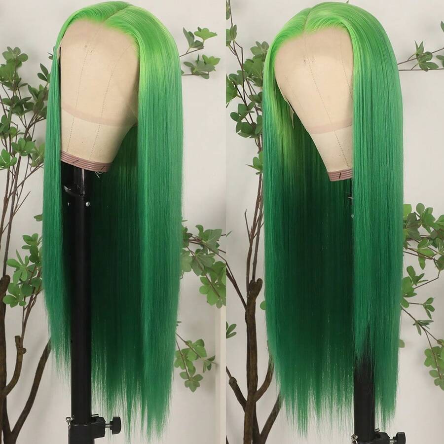 Gorgeous Neon Green Hair Synthetic Lace Front Wigs 28 Inch Pre Plucked Long Straight Hair Wigs Glueless Halloween Wigs Heat Resistant Fluorescent Green Straight Lace Front Wigs For Fashion Women For Daily Christmas Party Cosplay Use - Ombre Green - 查看 1