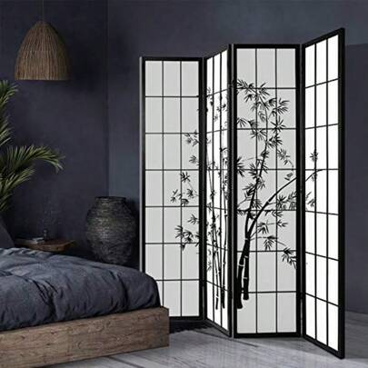 4 Panel Room Divider Folding Wooden Privacy Portable Screen Shelf Dividers Partition Wall Screens Home Pet Child Indoor Balcony Bedroom Furniture Separator WaterResistant Black