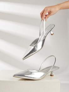 女士纯色真皮小猫跟鞋，优雅尖头高跟鞋，时尚踝带高跟鞋，宴会及婚礼正式礼服鞋 - 銀色 - 查看 5