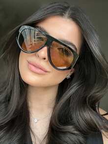 1 Pair Large Frame Toad Eye Glasses, Fashionable & Versatile Full Frame Retro Style Fashion Glasses For Women, Suitable For Travel, Street Photography, Beach And Other Occasions - 7410-black Frame Tea Leaves - View 3