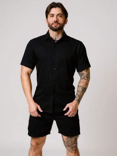 Conjunto Masculino Verão Estilo Camisa Botão com Short Viscolinho Casual  Natal  Halloween