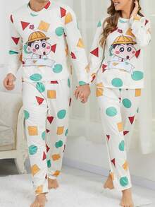 CRAYON SHINCHAN 2pcs Crayon Shin-Chan Milk Silk Soft & Skin-Friendly Cartoon Print Pullover Sweatshirt & Long Pants Men Pajama Set, Random Print, Spring/Autumn - Beige - View 4