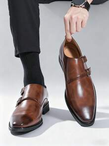 经典复古男士孟克带皮革正装鞋，尖头双扣一脚蹬乐福鞋，绅士正装鞋，适合中年人、年轻人、学生返校、毕业典礼、办公室、派对、婚礼、新郎、春夏秋季、大码正装/商务正装 - 雙搭扣孟克正裝皮鞋 - 查看 31