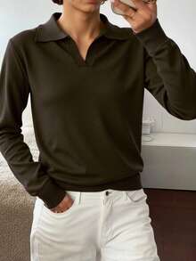 Livesso Maglione casual e versatile di colore unito - Moka Marrone - Visualizzare 2