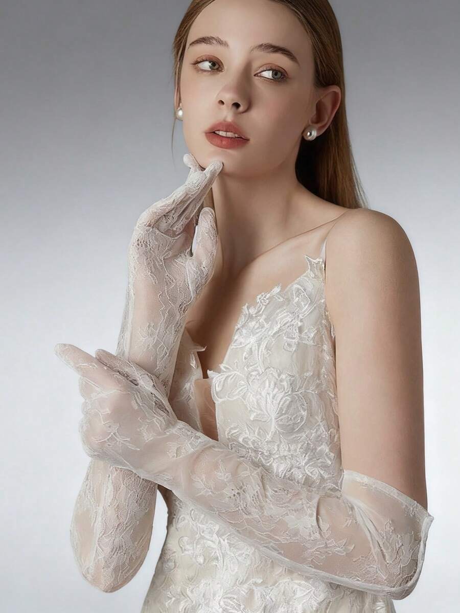 قفازات طويلة شفافة من التول والدانتيل لفستان الزفاف، قفازات زفاف من الدانتيل الفرنسي ذات جو أنيق وأنيق مطرزة بالدانتيل الطويلة لعروس الزفاف