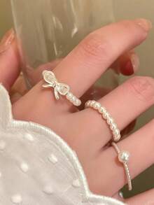 3件套简约蝴蝶结珍珠串珠可调节戒指套装，优雅百搭的日常饰品，送给女友、姐妹、圣诞节、情人节、生日、母亲节的绝佳礼物