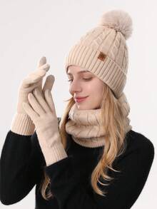 女士冬季针织帽、围脖和触屏手套三件套,双层保暖内衬,图案纹理面料,毛球装饰,适合滑雪、旅行、驾驶、约会、送礼、日常使用,情人节礼物 - 彩色 - 查看 21