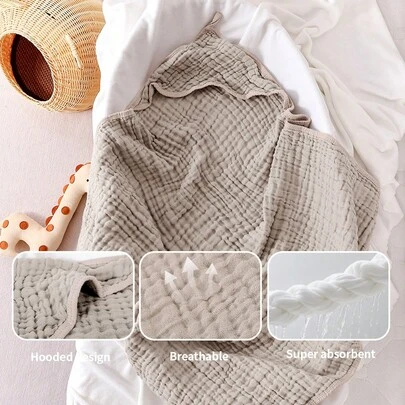 1pc Soild Color Baby Hooded Bath Towel , Infant Muslin Bath Blanket Swaddle Wrap,Quick Drying Absorbent Robe Cloak, Convenient Changing, Unisex Lovely Floral Design, Suitable For Beach, Pool, Vacation