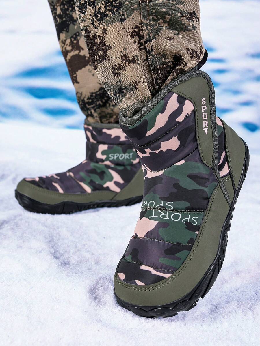 1 Pair Kids' Hook And Loop Mid-Top Warm Lining Rubber Sole Snow Boots ...