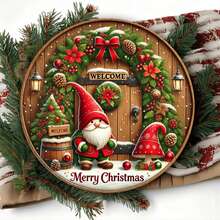 1pc Simple Round Christmas Metal Sign With Holiday Green Foliage - Gold Welcome Plaque, Suitable For Indoor/Outdoor Farmhouse Holiday Decor, Snowflake Wreath And Holly Berry Design, Gift Idea, Seasonal Home Decor, Weather-Resistant Decoration, Handmade Appearance, Home Decor, Perfect For Room Decor, Classroom Supplies, Ideal For Farmhouse Design, Seasonal Celebration, Outdoor Thanksgiving Decor, Garden Party Metal Christmas Decorations