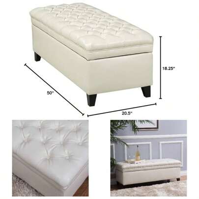 GDF Studio Laguna Living Room Furniture Tufted Faux Leather Storage Ottoman Ivory