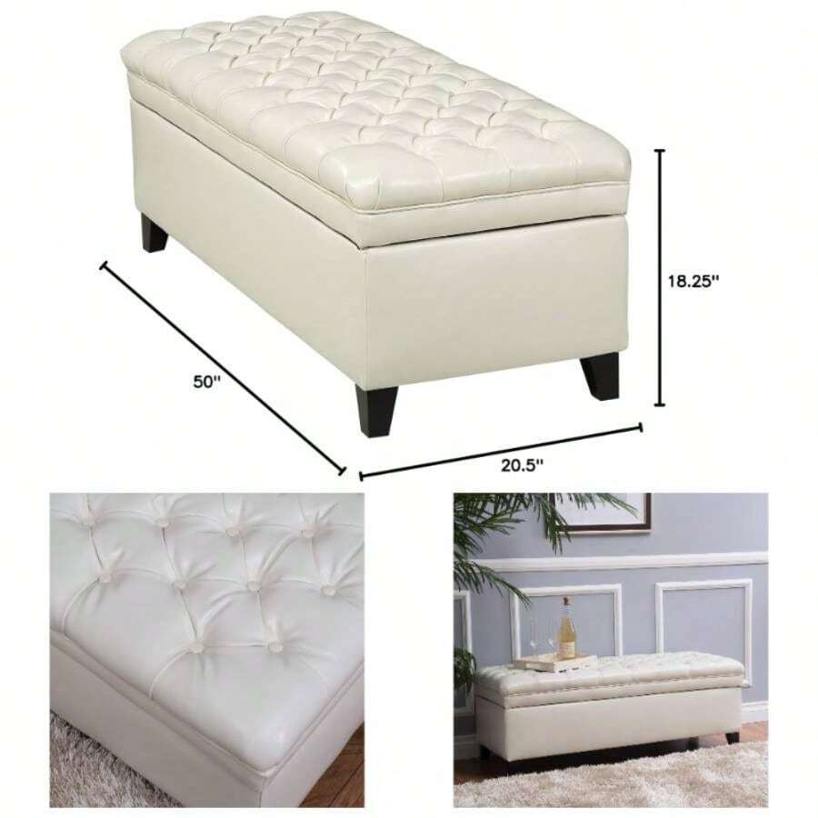 GDF Studio Laguna Living Room Furniture Tufted Faux Leather Storage Ottoman Ivory - Marfil - Ver 1