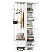 Compact Wardrobe 85*33.5*200 Cm, Home Furniture With 2 Wardrobes, Tempered Glass Storage Cabinet, Wardrobe Set, White Entrance Cabinet, Coat Rack With Shoe Bench And Cushions - White - View 7