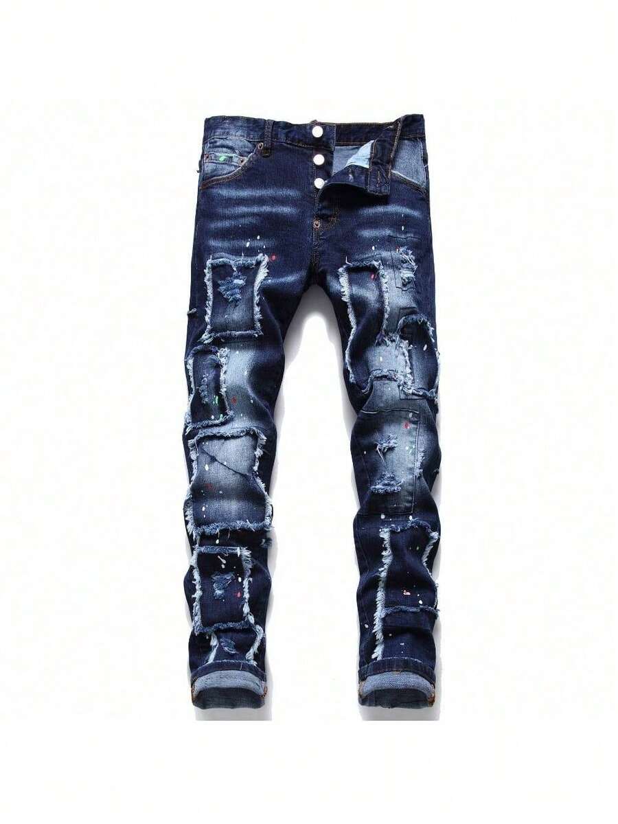 2025 Nuevos Pantalones de Mezclilla Desgastados con Múltiples Parches para Hombres Moda Streetwear Estilo Hip Hop Jeans Rotos para Atuendo Casual Lavado Vintage Ajuste Cómodo Estilo Urbano Pantalones Holgados - Azul Marino - Ver 1