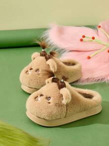 Khaki Cartoon Tier Design Winter Plüsch Hausschuhe, Damen Schlafzimmer EVA Sohle, rutschfest & strapazierfähige dicke Sohle, Paar-Stil