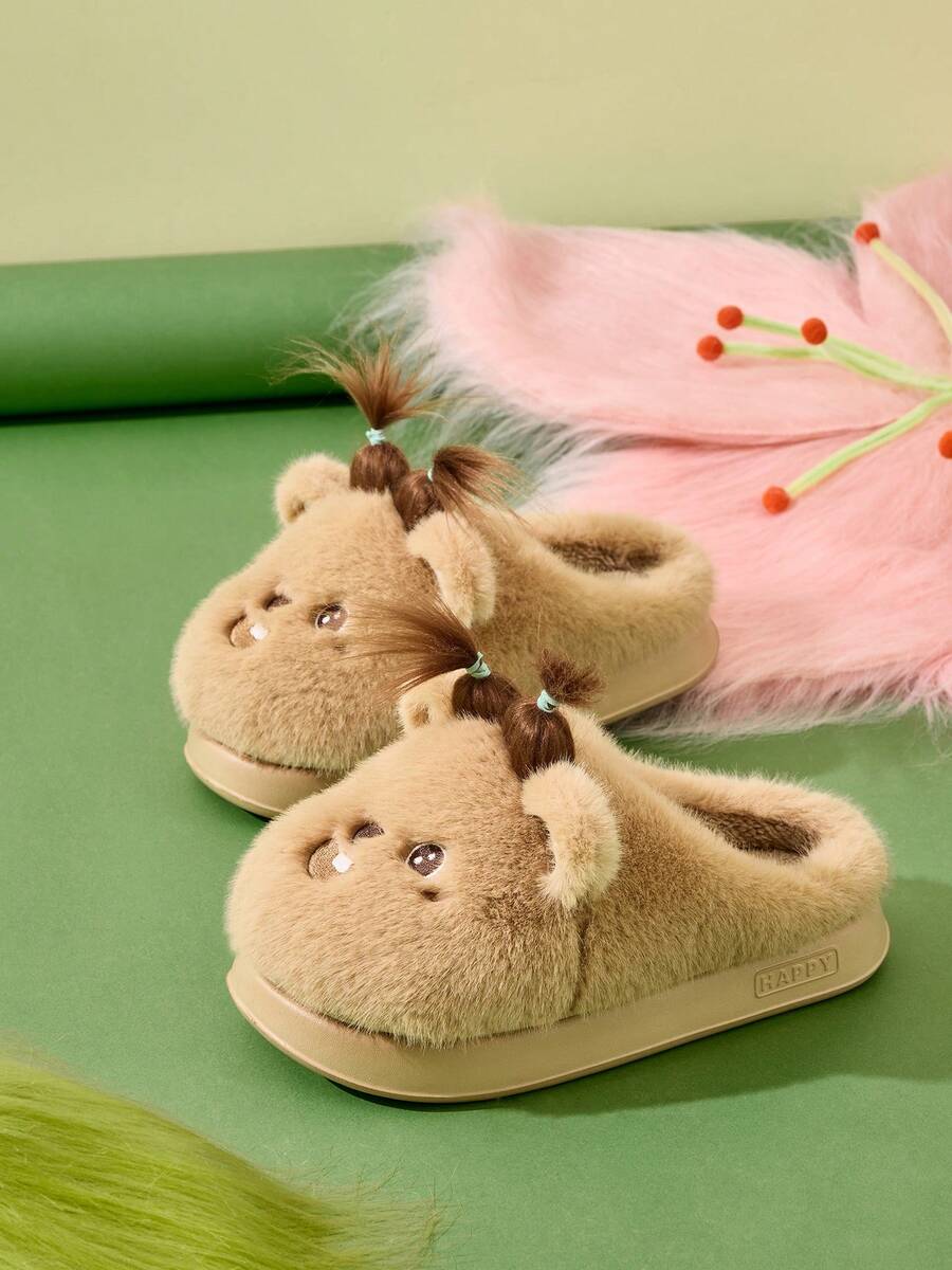 Khaki Cartoon Tier Design Winter Plüsch Hausschuhe, Damen Schlafzimmer EVA Sohle, rutschfest & strapazierfähige dicke Sohle, Paar-Stil