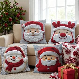 4pcs 18inch 2D Christmas Hot Pillow Set 2D Flat Print Santa, Reindeer, Snowman Pattern Polyester Material Zipper Closure Hand Washable Cushion Cover Ideal Christmas Gift Perfect For Christmas Decoration Suitable For Holiday Party, Living Room, Sofa, Bedroom, Bed, Home Decor Pillow Core Not Included Christmas Decorations Room Decor
