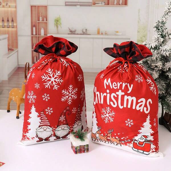 Large Christmas Gift Bag With Drawstring, Forest Santa Claus Cartoon Gift Bag Home Decor Christmas Decorations Room Decor Winter