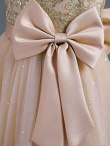 Girls Sequin Embroidered Bodice Tulle Ball Gown Dress With Glitter Skirt Short Sleeves And Big Bow Back Princess Flower Girl Dress For Wedding Birthday Pageant Formal Occasion - 香檳色 - 查看 4