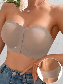女士前扣式胸罩、无肩带胸罩、无缝上衣女士无线性感内衣、可拆卸衬垫、可调节内衣基本款管状胸罩、防滑硅胶软面料内衣、舒适衬垫吊带背心波浪边设计、完美搭配无肩带连衣裙前扣内衣 - 卡其色 - 查看 6