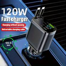 [Super Fast 4-In-1 Car Charger] 4-In-1 Super Fast Compact Car Charger - Scalable Car Charger With Dual Retractable Cables And Two USB Ports, Compatible With Iphone 15/14/13 Pro Max