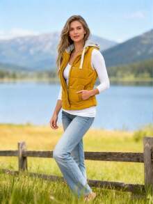 Women's Hooded Puffer Vest, Winter Warm Zip Up Quilted Jacket For Outdoor Casual Wear - Màu vàng - Xem 7