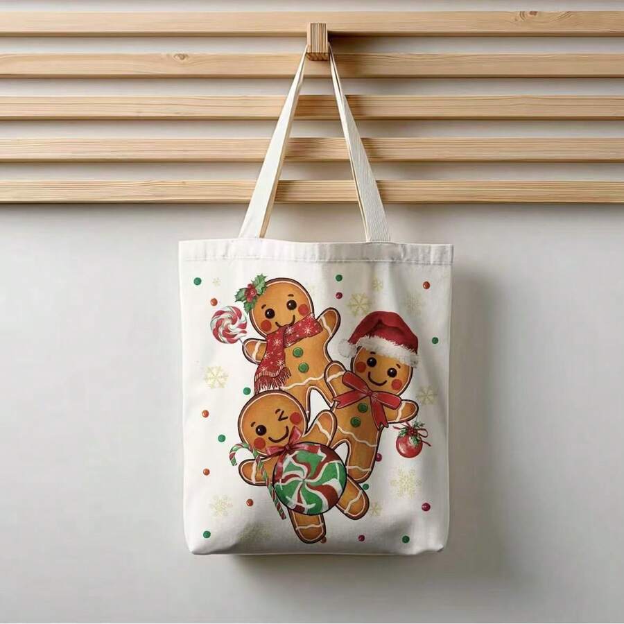 1 pièce/Multipack Sac fourre-tout en canevas Bonhomme en pain d'épices de Noël, sac à légumes, 36*38cm, pochette de rangement décorative saisonnière pour cuisine et salle à manger, cadeau