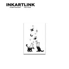 INKARTLINK 双猫追逐蝴蝶和星星简约黑白设计，防水持久1-2周临时纹身，小众设计，逼真的假纹身 - 黑色 - 查看 3