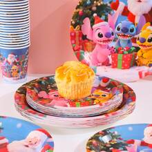 Disney Fournitures de fête sur le thème de Noël Stitch & Friends, assiettes en papier jetables de 7/9 pouces, gobelets, serviettes, décorations de fête, assiettes jetables, gobelets, serviettes, décorations de fête, anniversaire, célébration, cadeau