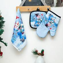 3pcs/Set Christmas Snowman Heat Resistant Oven Gloves & Pot Holder, Thick Baking Gloves & Microwave Oven Mitts, Christmas Series Anti-Scald Gloves