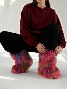 Women's Multicolor Boots Faux Fur Boots Slip-On Mid-Calf Boots, Fluffy Furry Warm Winter Snow Boots Fashion Y2K Style For Halloween, Christmas, Holiday Party - 中紫紅色 - 查看 6
